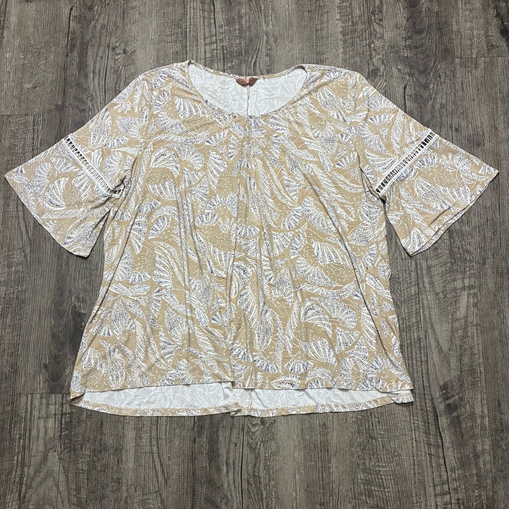 Beige Leaf-Print Short Sleeve Blouse with Lace Trim